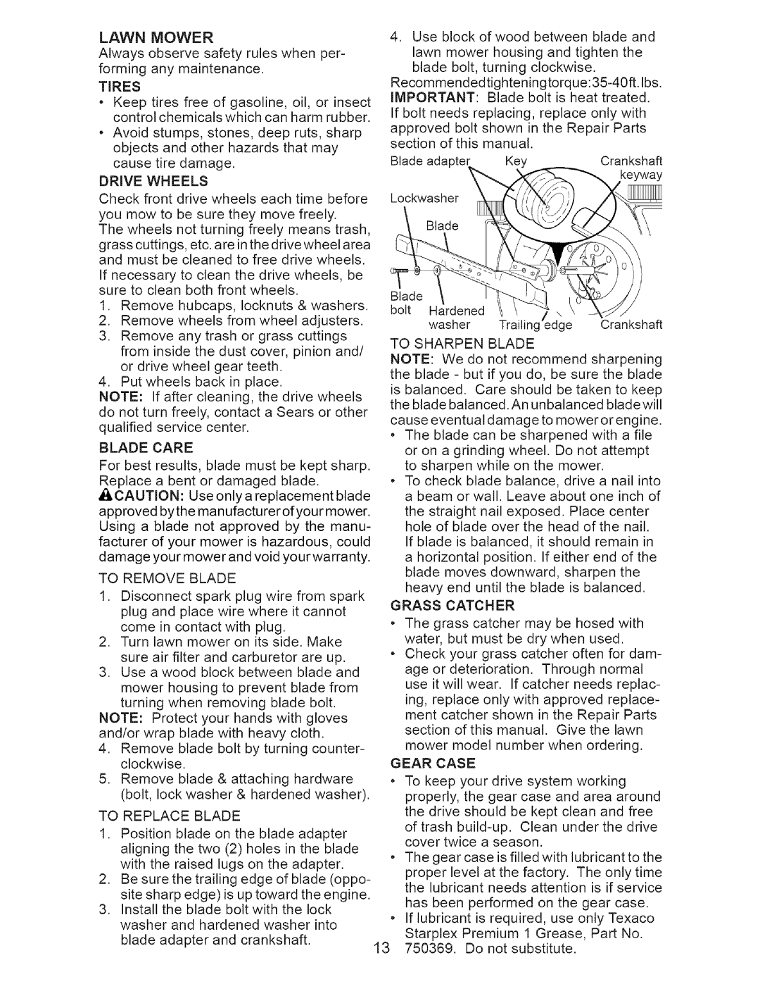 Craftsman 917.37193 owner manual Lawn Mower, Gear Case 