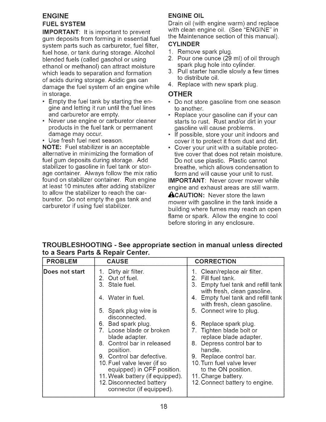 Craftsman 917.37193 owner manual Other, Problem Cause, Cylinder, Off 