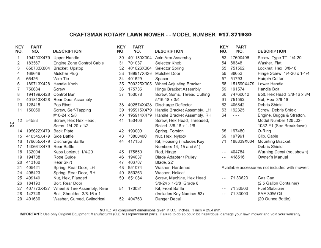 Craftsman 917.37193 owner manual Craftsman Rotary Lawn Mower - Model Number, KEY Part NO. no, KEY Part Description, Knob 