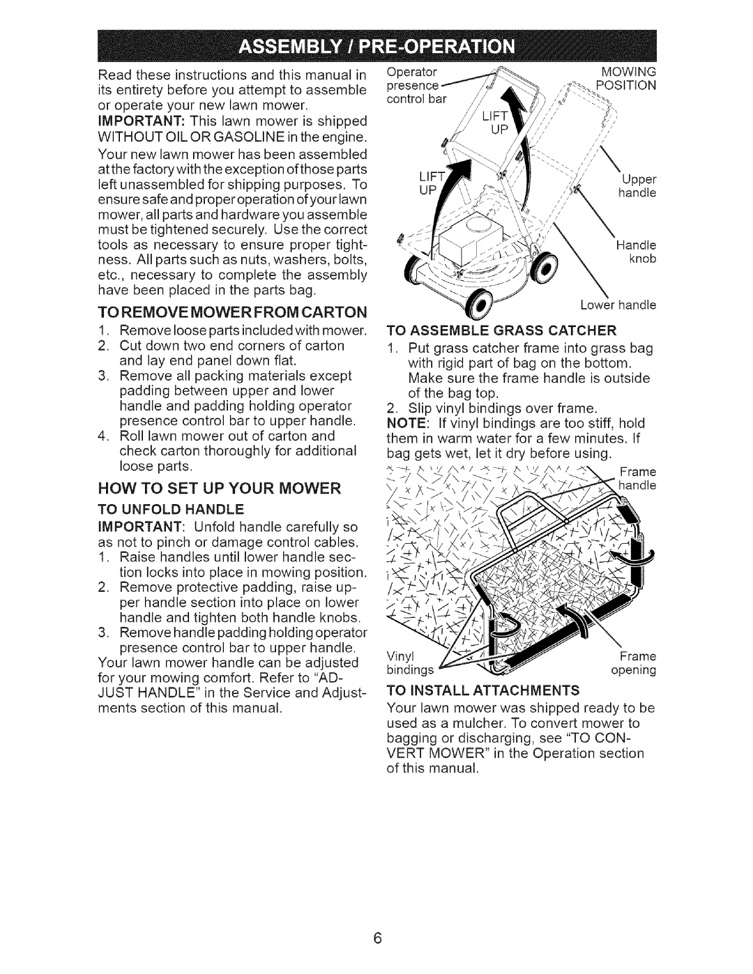 Craftsman 917.37193 owner manual HOW to SET UP Your Mower 