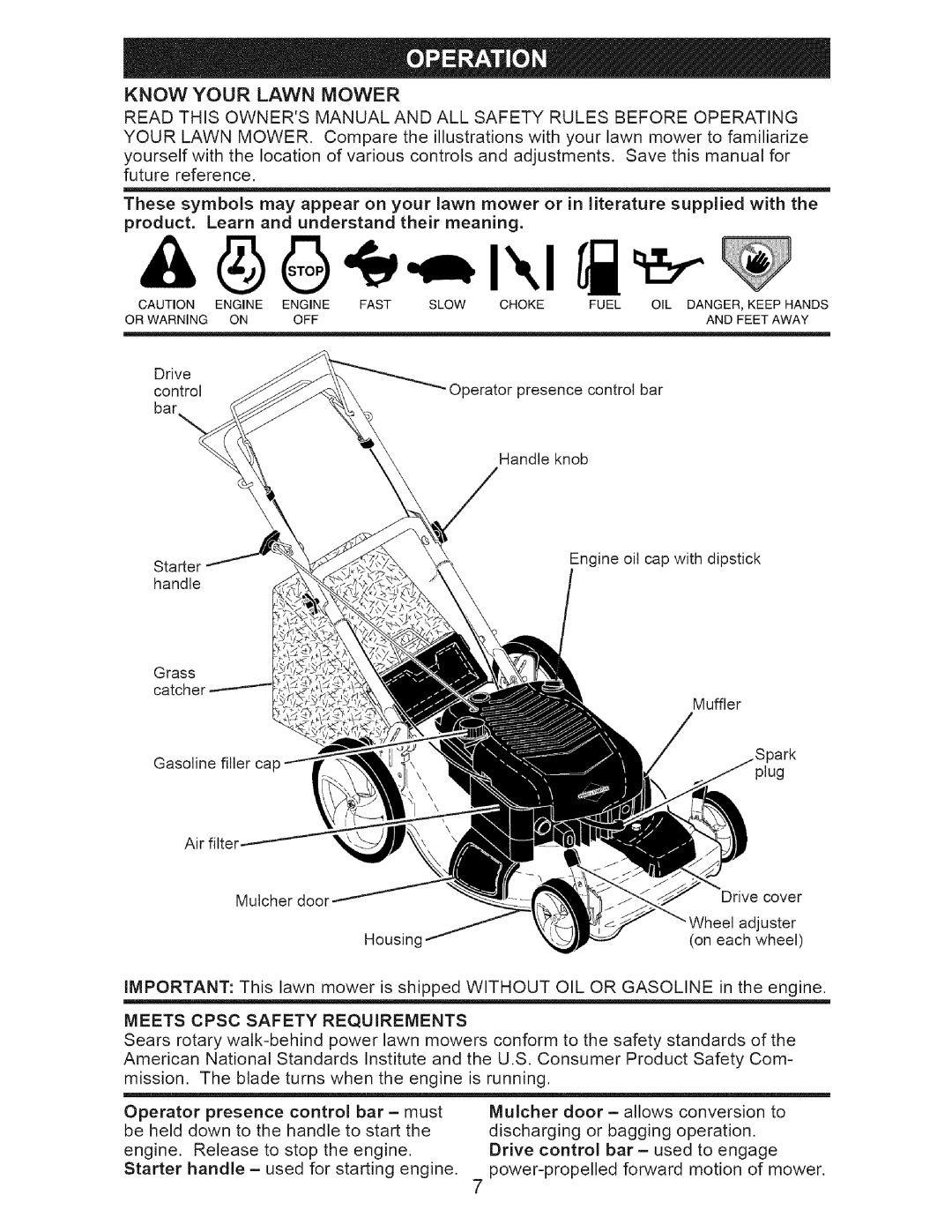 Craftsman 917.37193 owner manual Know Your Lawn Mower, product. Learn and understand their meaning 