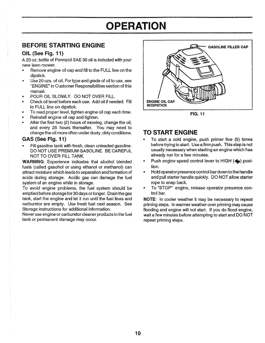 Craftsman 917.37248 owner manual To Start Engine, Pour OIL SLOWLY. do not Over Fill 