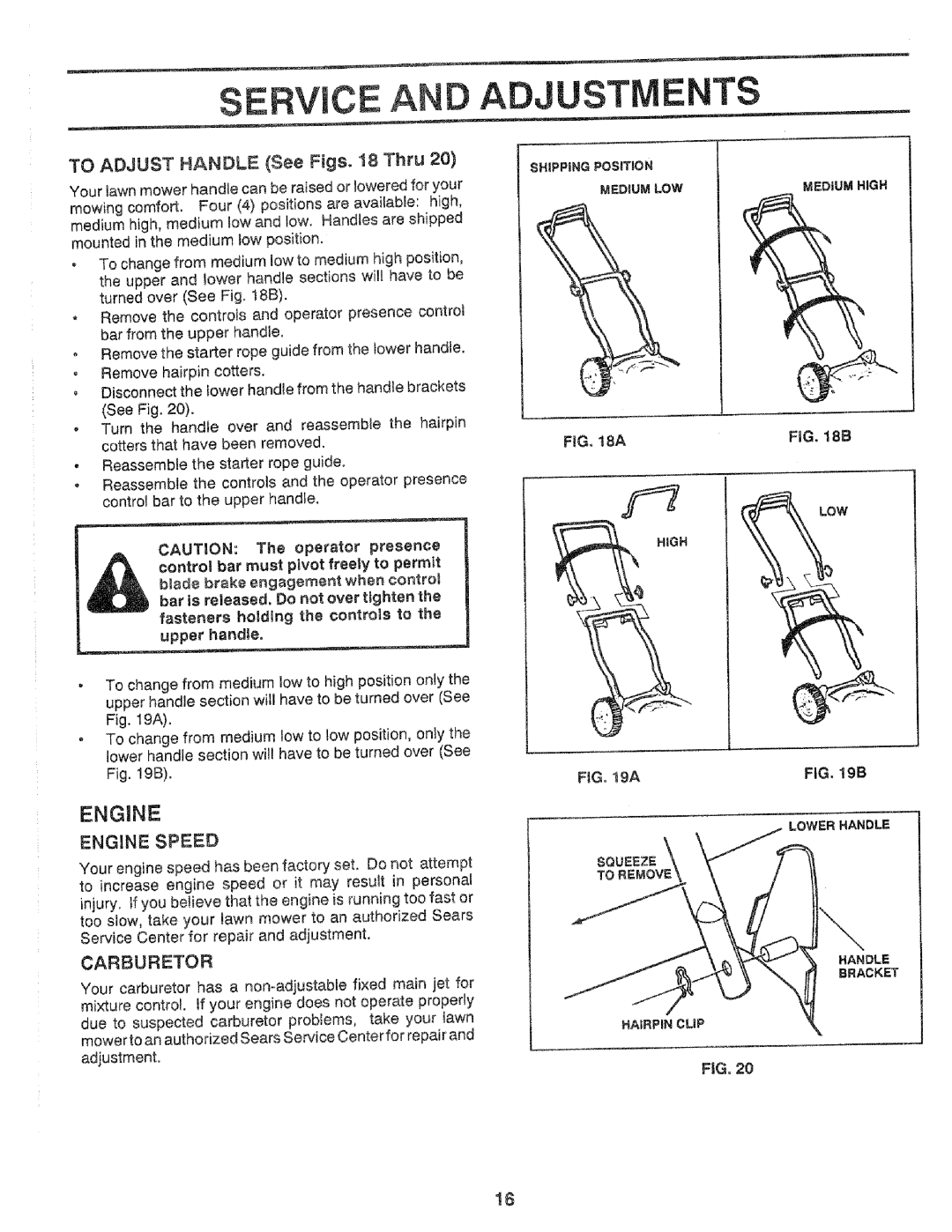 Craftsman 917.37248 owner manual To Adjust Handle See Figs, 18 Thru, Engine Speed, Carburetor 