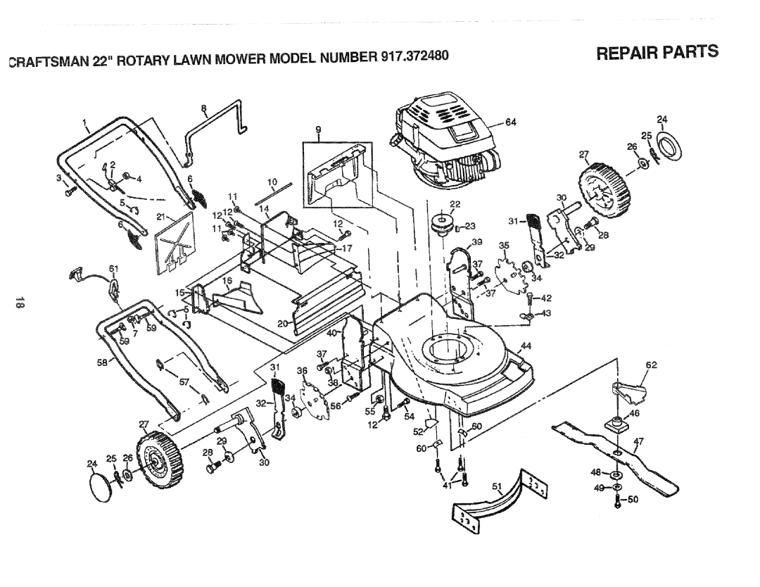 Craftsman 917.37248 owner manual Repair Parts, 0RAFTSMAN 22 Rotary Lawn Mower Model Number 