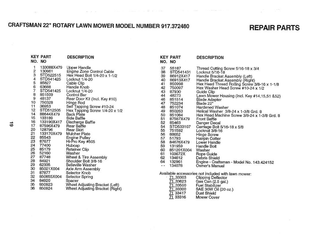 Craftsman 917.37248 owner manual Craftsman 22 Rotary Lawn Mower Model Number, KEY Part Description 