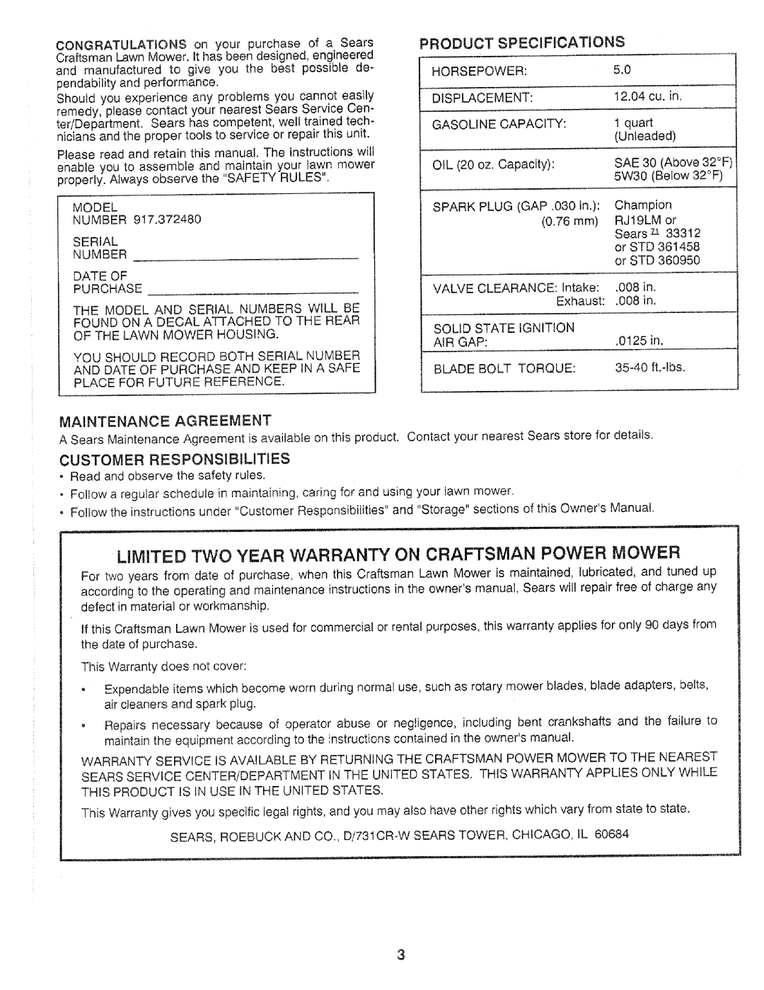 Craftsman 917.37248 owner manual Limited TWO Year Warranty on Craftsman Power Mower, Product Specifications 