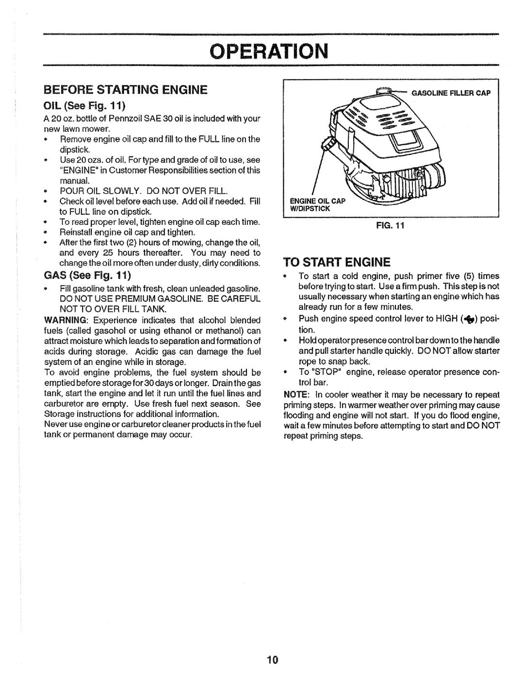 Craftsman 917.37248 owner manual Operation, Before Starting Engine, OIL See Fig, GAS See Fig 