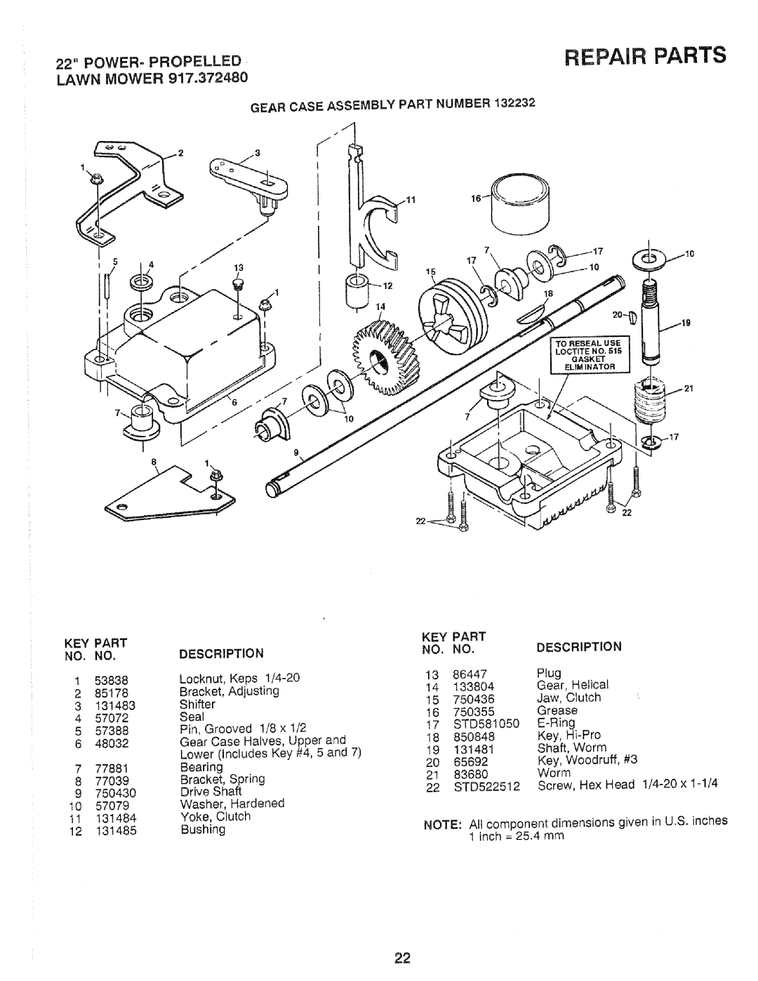 Craftsman 917.37248 Repair Parts, Power- Propelled Lawn Mower, Gear Case Assembly Part Number, Key Part, Description 