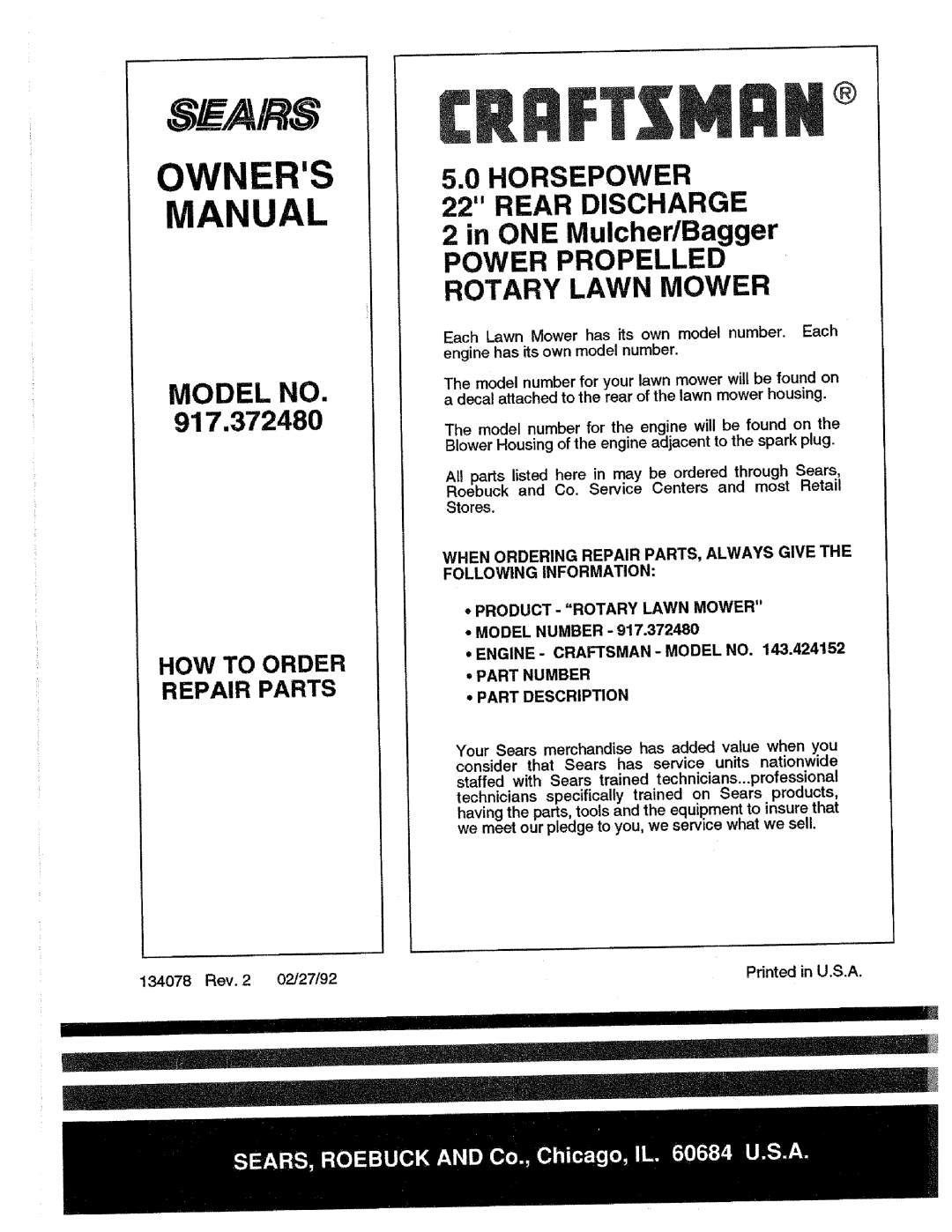 Craftsman 917.37248 Model No, HORSEPOWER 22 REAR DISCHARGE, in ONE Mulcher/Bagger, Power Propelled Rotary Lawn Mower 
