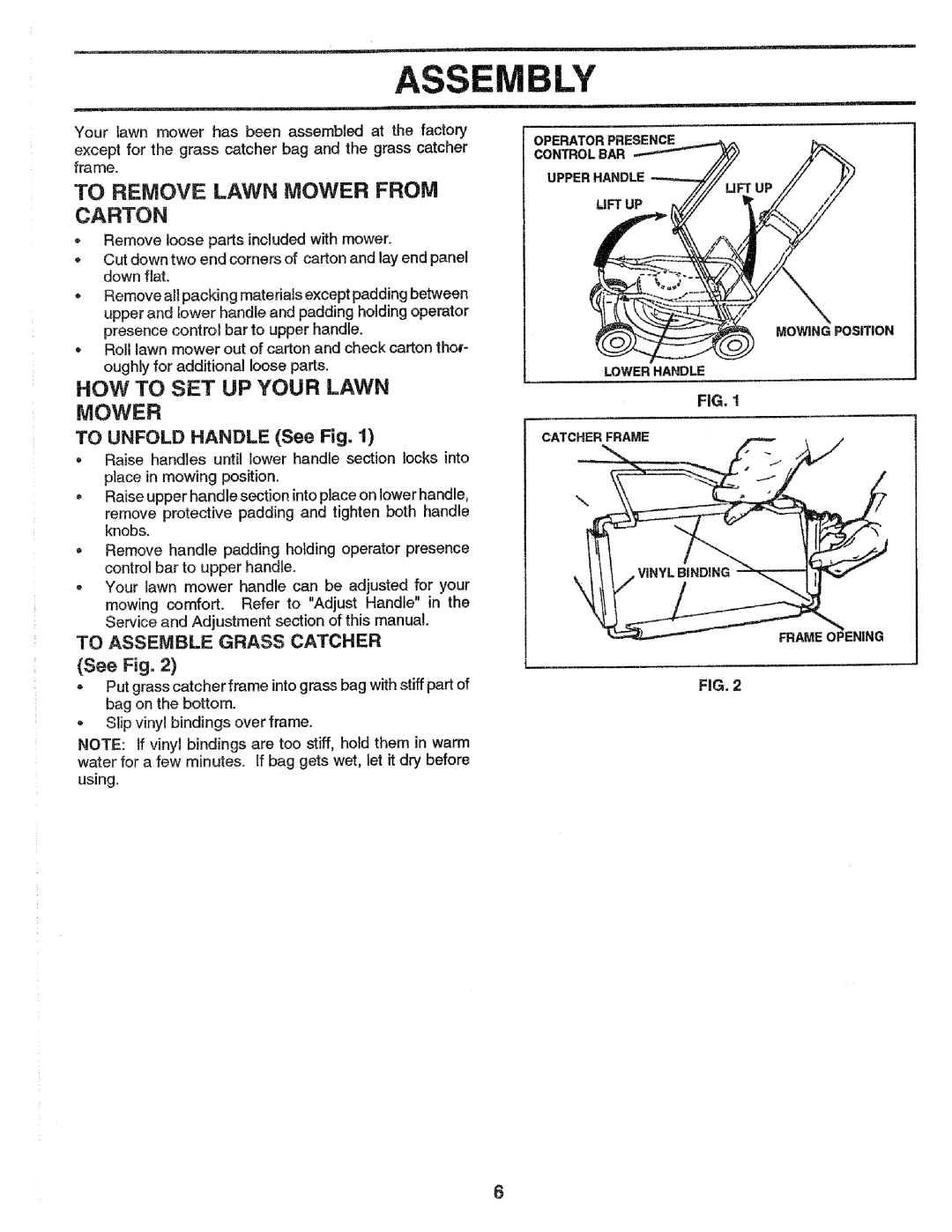 Craftsman 917.37248 owner manual To Remove Lawn Mower From Carton, How To Set Up Your Lawn, TO UNFOLD HANDLE See Fig 