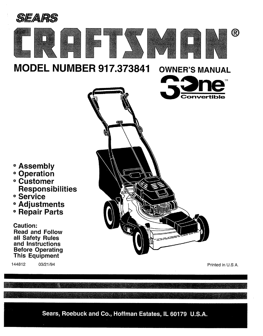 Craftsman 917.373841 owner manual 03/21/94 