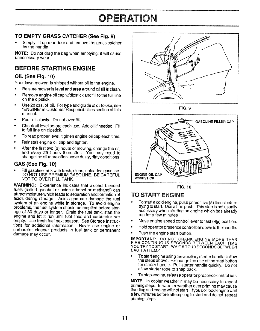 Craftsman 917.373841 owner manual Before Starting Engine, To Start Engine, GAS See Fig, To Empty Grass Catcher See Fig 