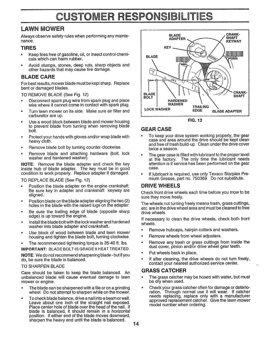 Craftsman 917.373841 owner manual Lawn Mower, Tires, Gear Case, Drwe Wheels 