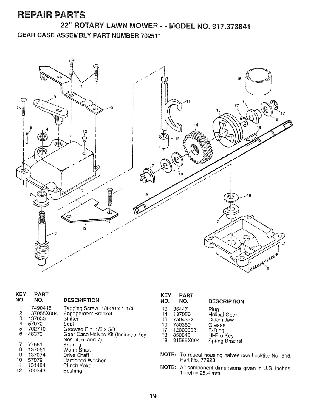 Craftsman 917.373841 owner manual Repair Parts, Gear Case Assembly Part Number 