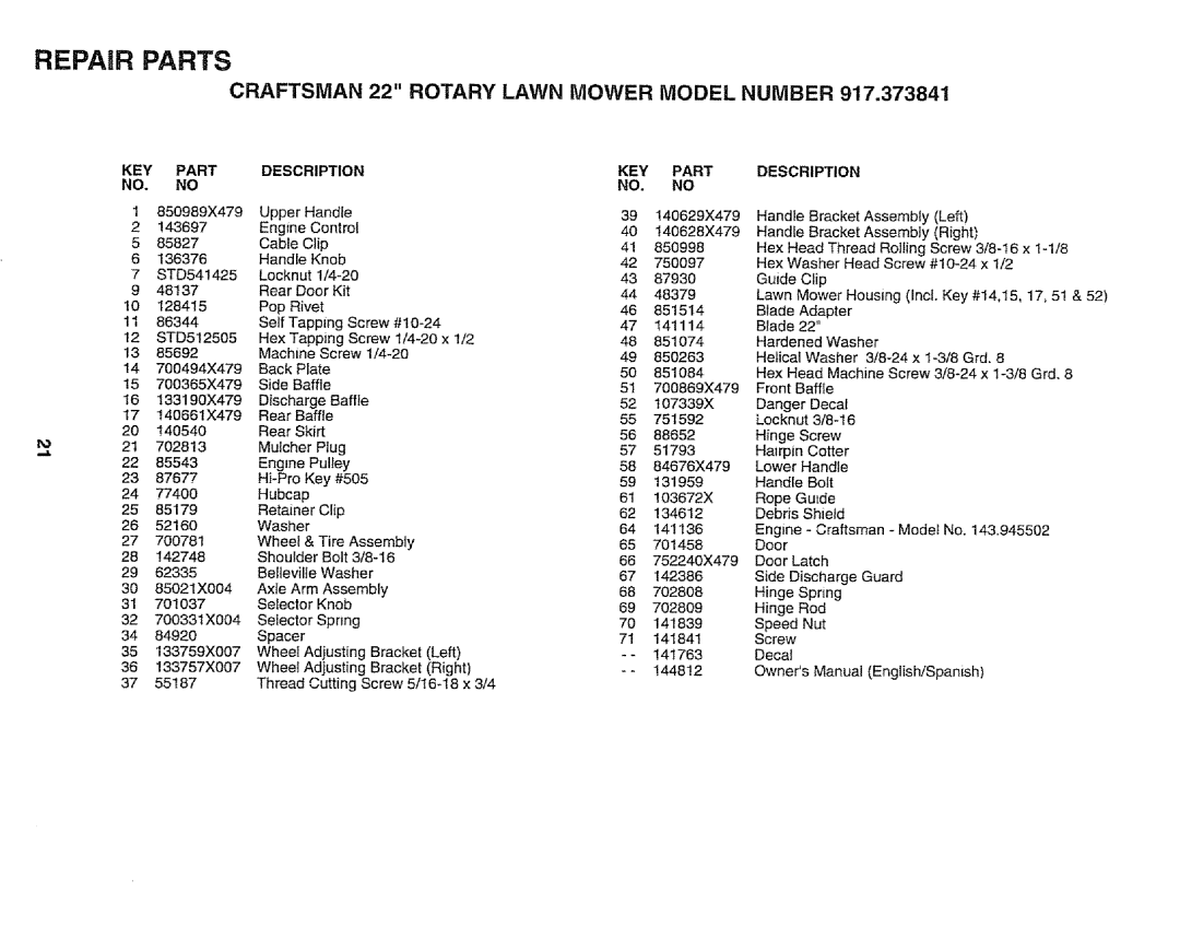 Craftsman 917.373841 owner manual KEY Part Description, T4066!X479, Rear Skirt 