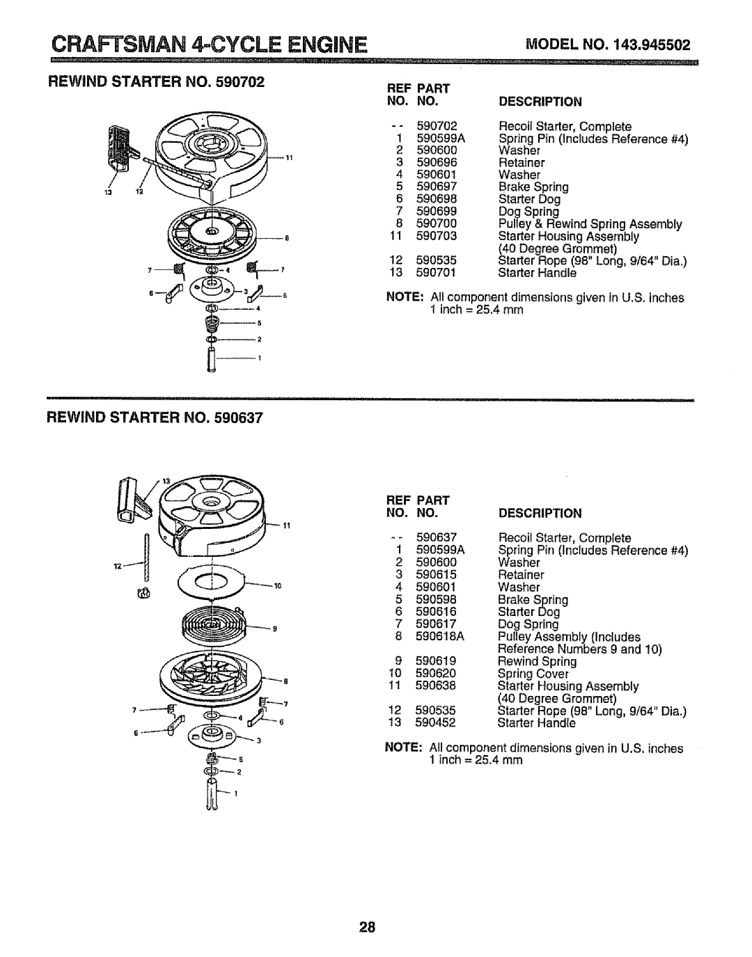 Craftsman 917.373841 owner manual 590702, 590701, Housing Assembly, Degree Grommet, Rope 98 Long, 9/64 Dia, Starter Handle 