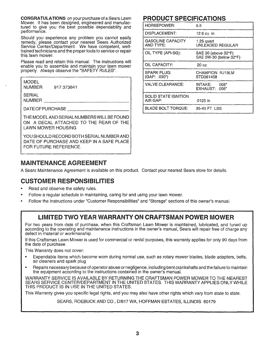 Craftsman 917.373841 owner manual Product Specifications, Maintenance Agreement, Customer Responsibilities 