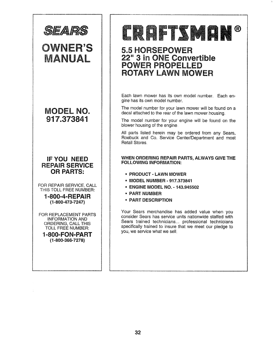 Craftsman 917.373841 owner manual If YOU Need, Or Parts, Model Number Engine Model no, Part Number ,PART Description 