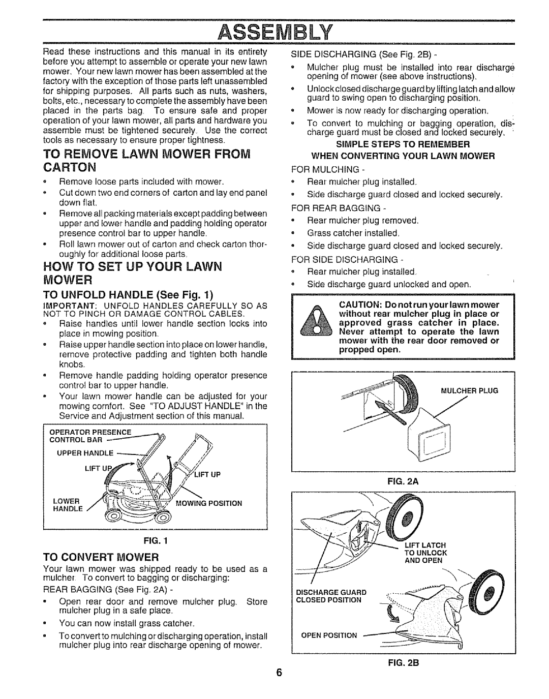 Craftsman 917.373841 owner manual To Remove Lawn Mower from Carton, HOW to SET UP Your Lawn Mower, To Unfold Handle See Fig 