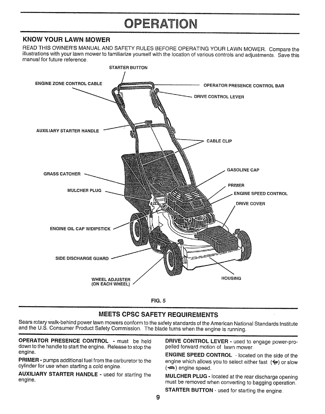 Craftsman 917.373841 Know Your Lawn Mower, Meets Cpsc Safety Requirements, Operator Presence Control must be held 