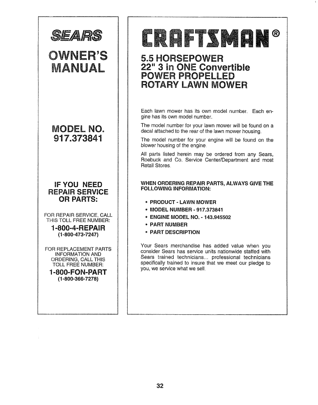 Craftsman 917.373841 owner manual Model No, HORSEPOWER 22 3 in ONE Convertible, Power Propelled Rotary Lawn Mower 