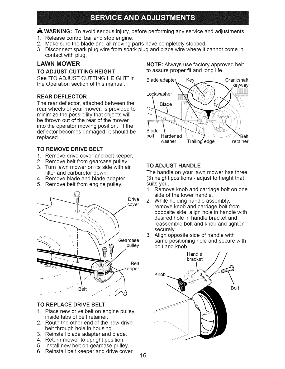 Craftsman 917.374040 owner manual Lawn Mower, Rear Deflector, To Remove Drive Belt, To Replace Drive Belt, To Adjust Handle 