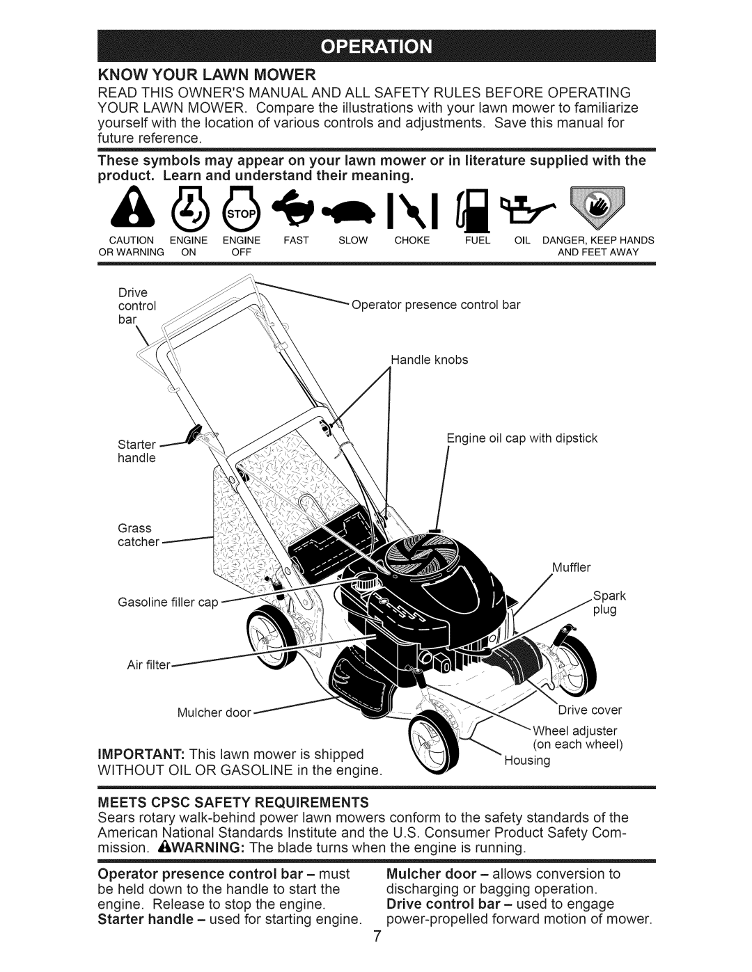 Craftsman 917.374040 owner manual Know Your Lawn Mower, Meets Cpsc Safety Requirements 