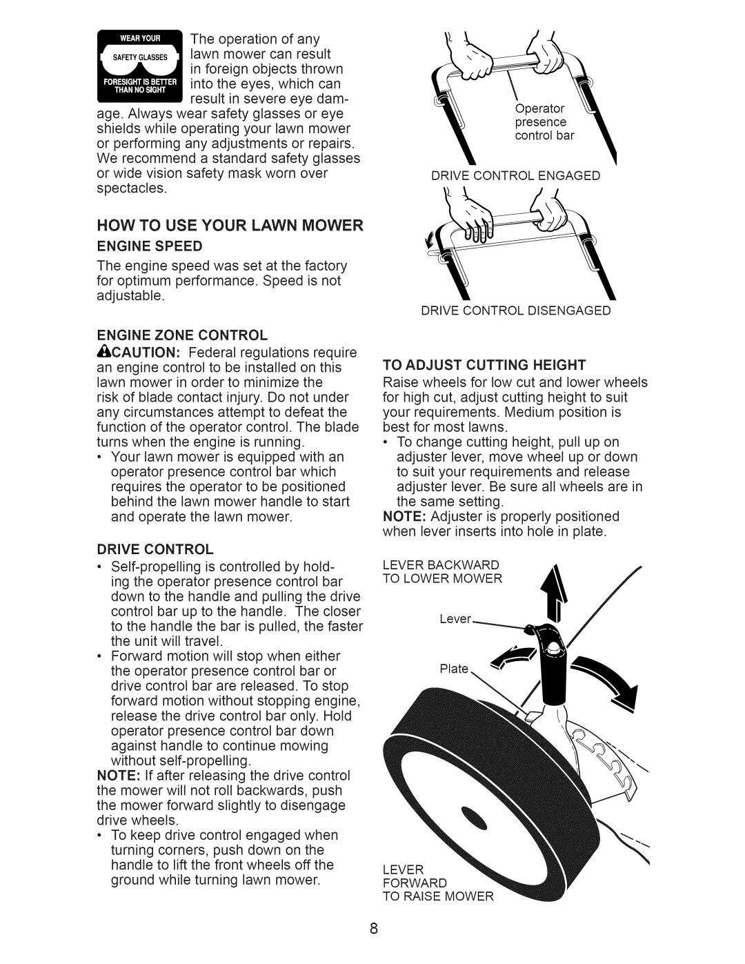 Craftsman 917.374041 owner manual HOW to USE Your Lawn Mower, Engine Speed, Engine Zone Control, Drive Control 