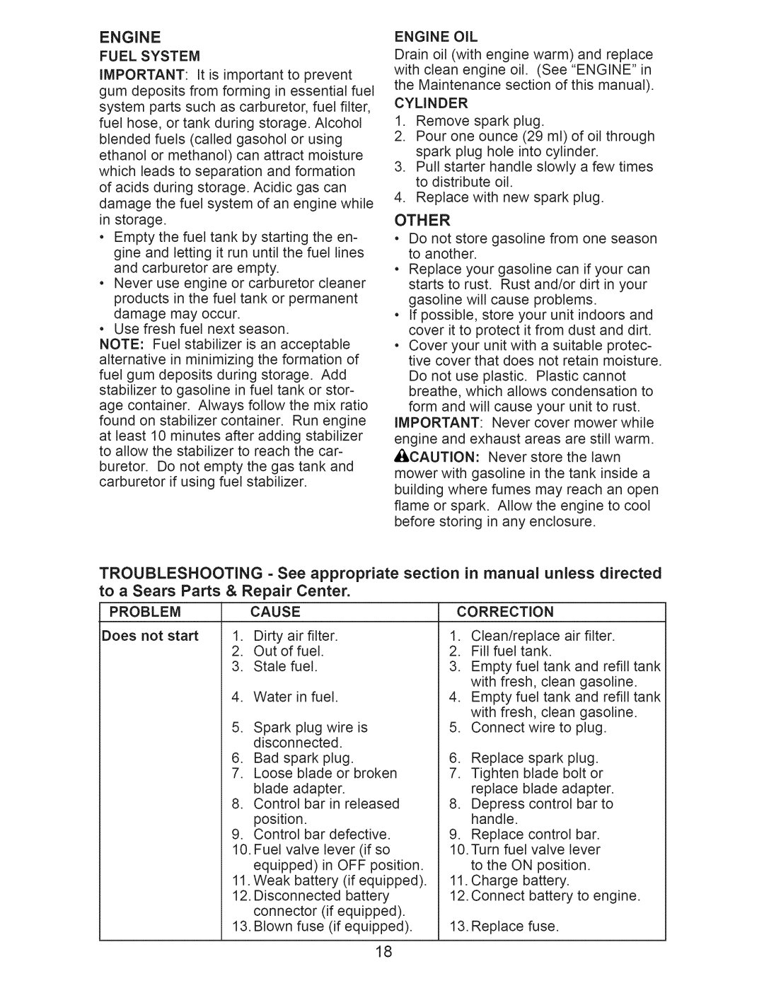 Craftsman 917.374042 owner manual Engine, Other, to a Sears Parts & Repair Center, Problem, Cause, Correction 