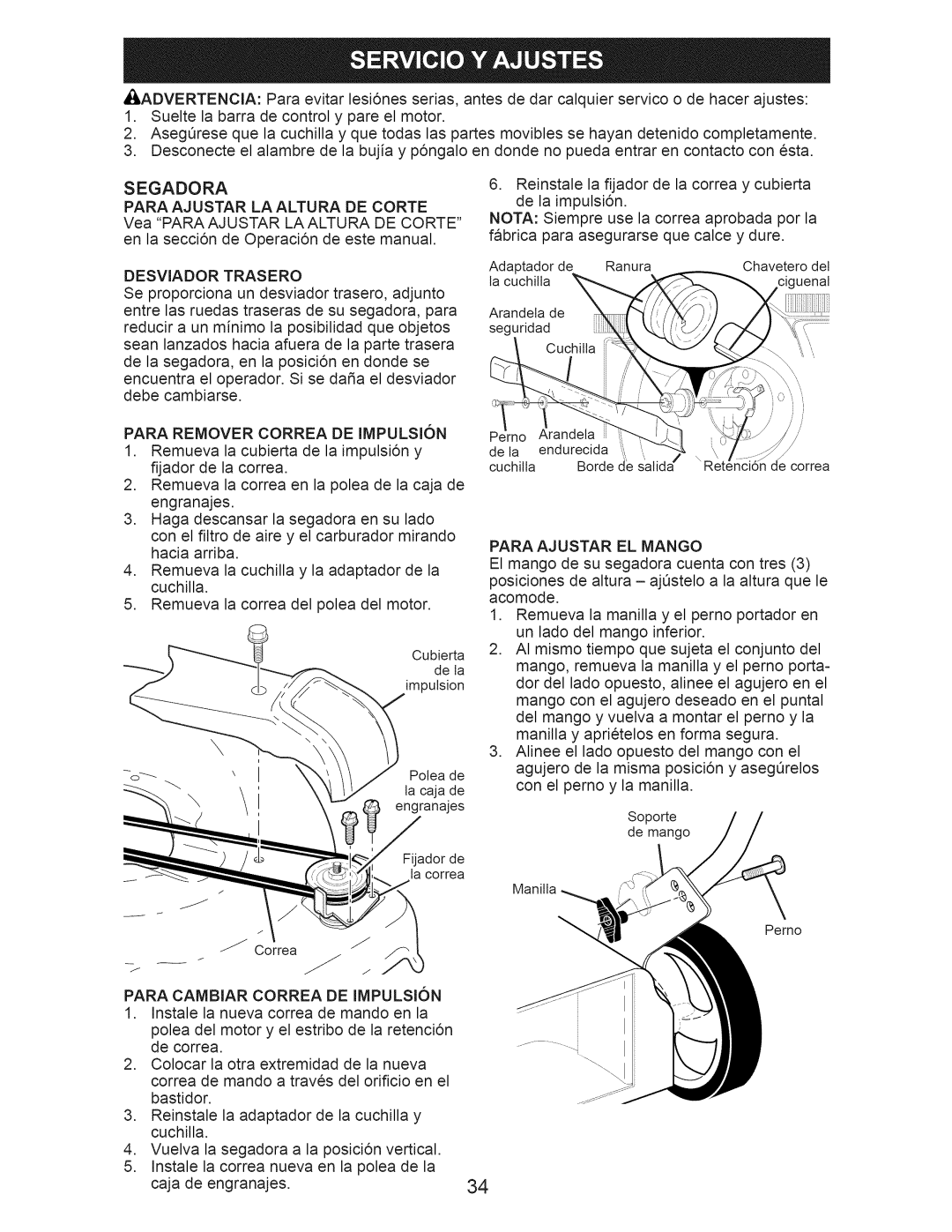 Craftsman 917.374043 owner manual Desviador Trasero, Para Remover Correa DE Impulsion, Para Ajustar EL Mango 