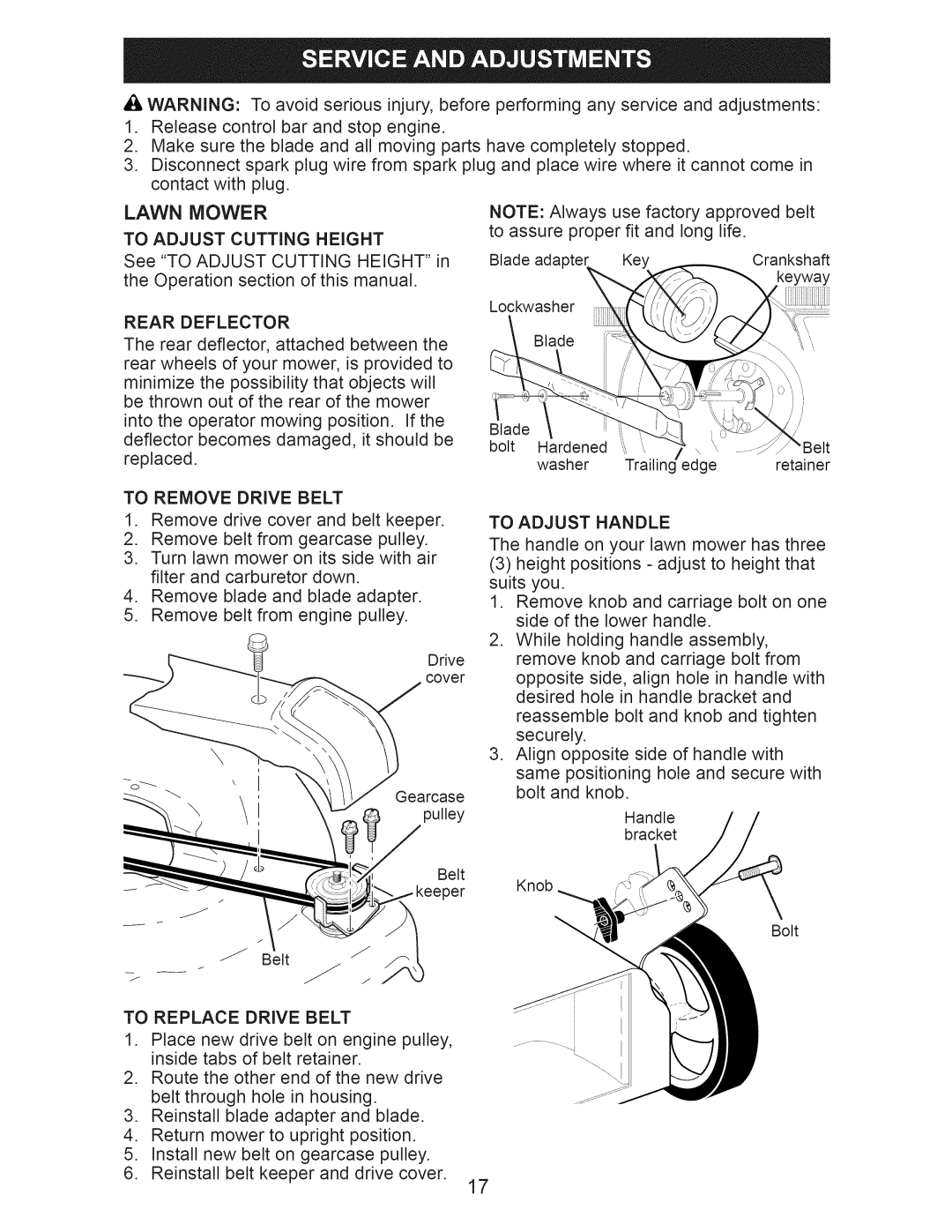 Craftsman 917.374060 Lawn Mower To Adjust Cutting Height, To Remove Drive Belt, To Adjust Handle, Rear Deflector 