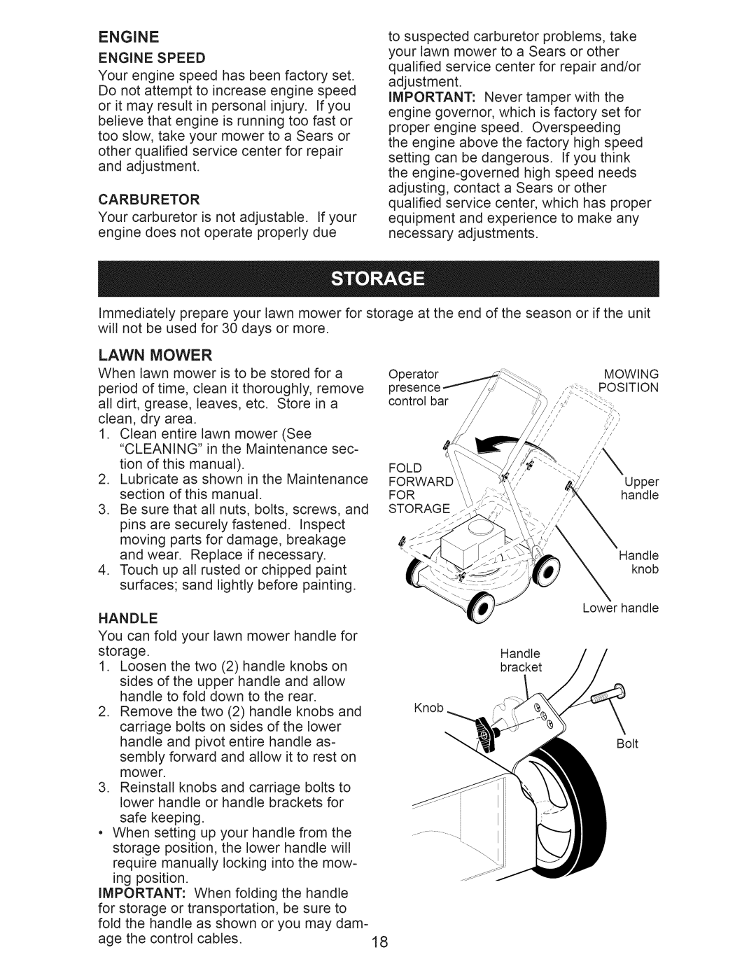 Craftsman 917.374060 owner manual Carburetor, Handle, Engine Speed, Forward for Storage Mowing Position 