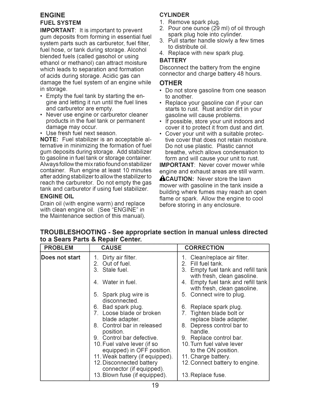 Craftsman 917.374060 owner manual Engine, Other, Fuel System, Cylinder, Battery 