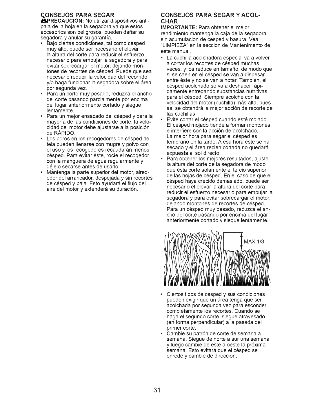 Craftsman 917.374060 owner manual Onsejos Para Segar, Consejos Para Segar Y ACOL- Char 