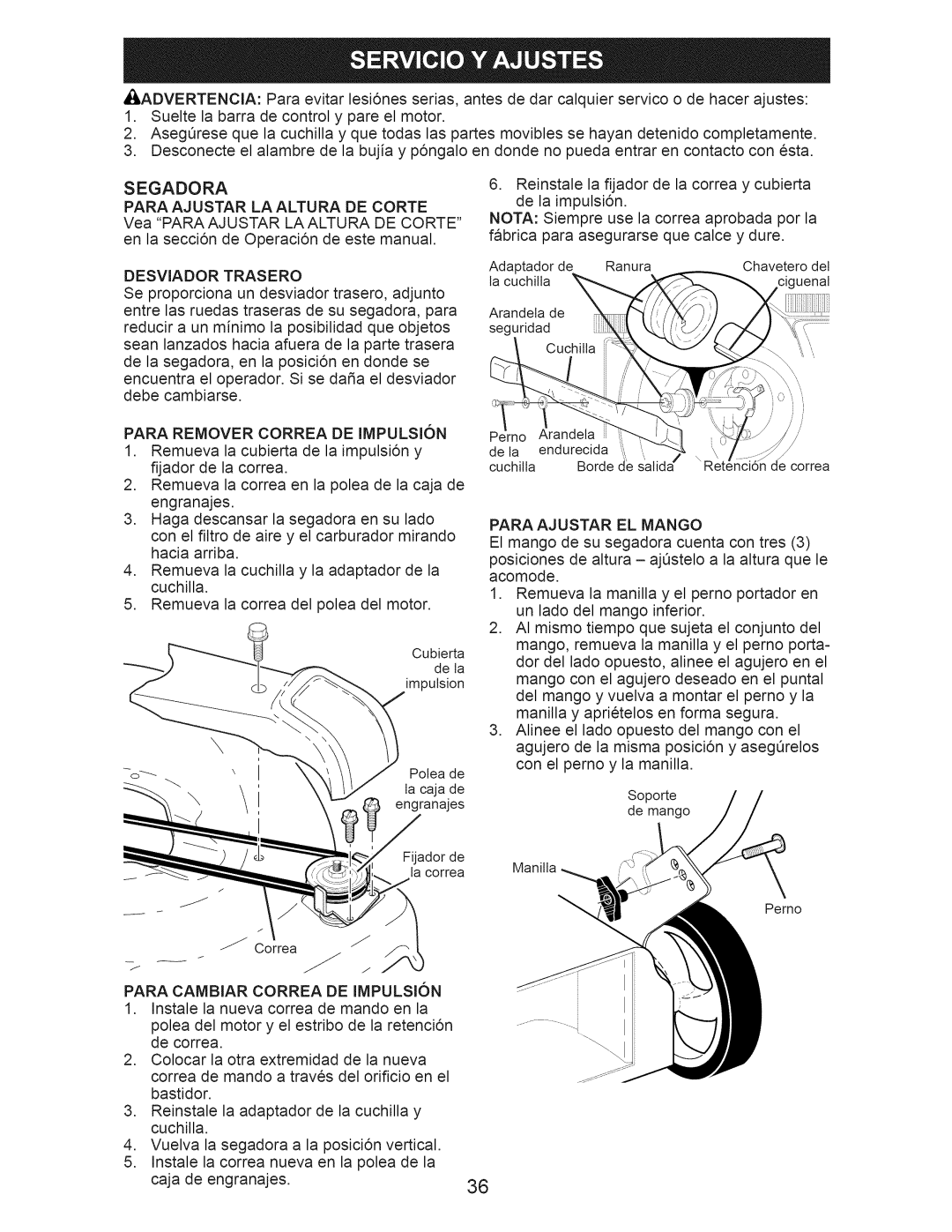 Craftsman 917.374060 owner manual Para Ajustar LA Altura DE Corte, Desviador Trasero, Para Remover Correa DE Impulsion 