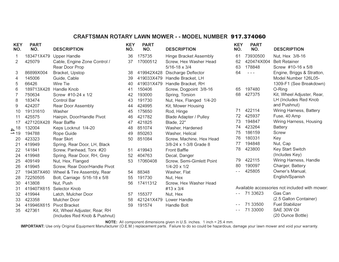 Craftsman 917.374060 owner manual KEY Part NO. no, Description, Key 