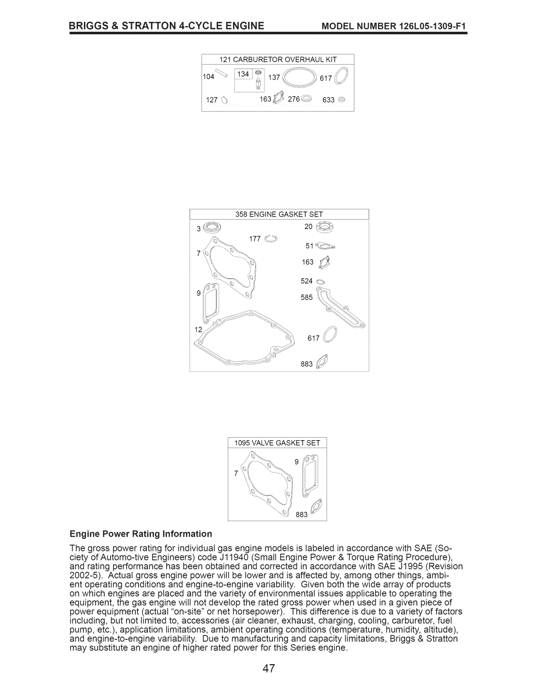 Craftsman 917.374060 owner manual Valve Gasket SET 