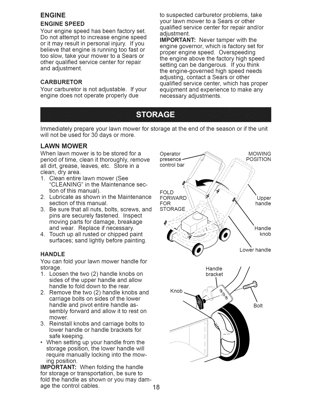 Craftsman 917.374061 owner manual Carburetor, Handle, Engine Speed, Forward for Storage Mowing Position 