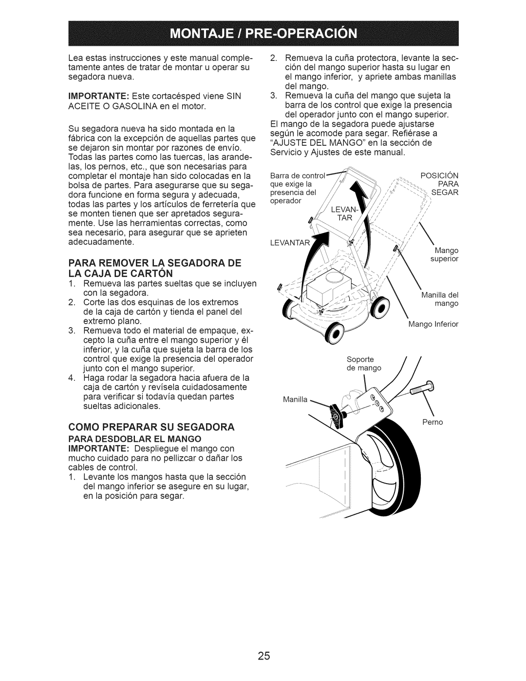 Craftsman 917.374061 owner manual Como Preparar SU Segadora, Para Remover LA Segadora DE LA Caja DE Carton 