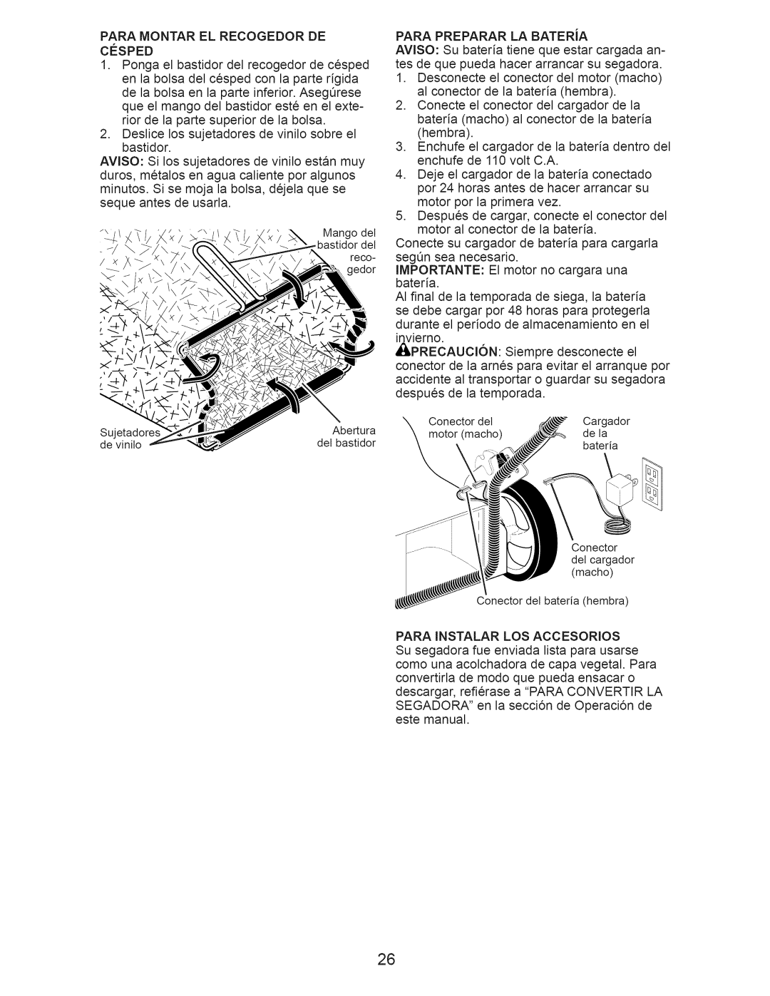 Craftsman 917.374061 owner manual Para Montar EL Recogedor DE Cesped, Para Instalar LOS Accesorios 