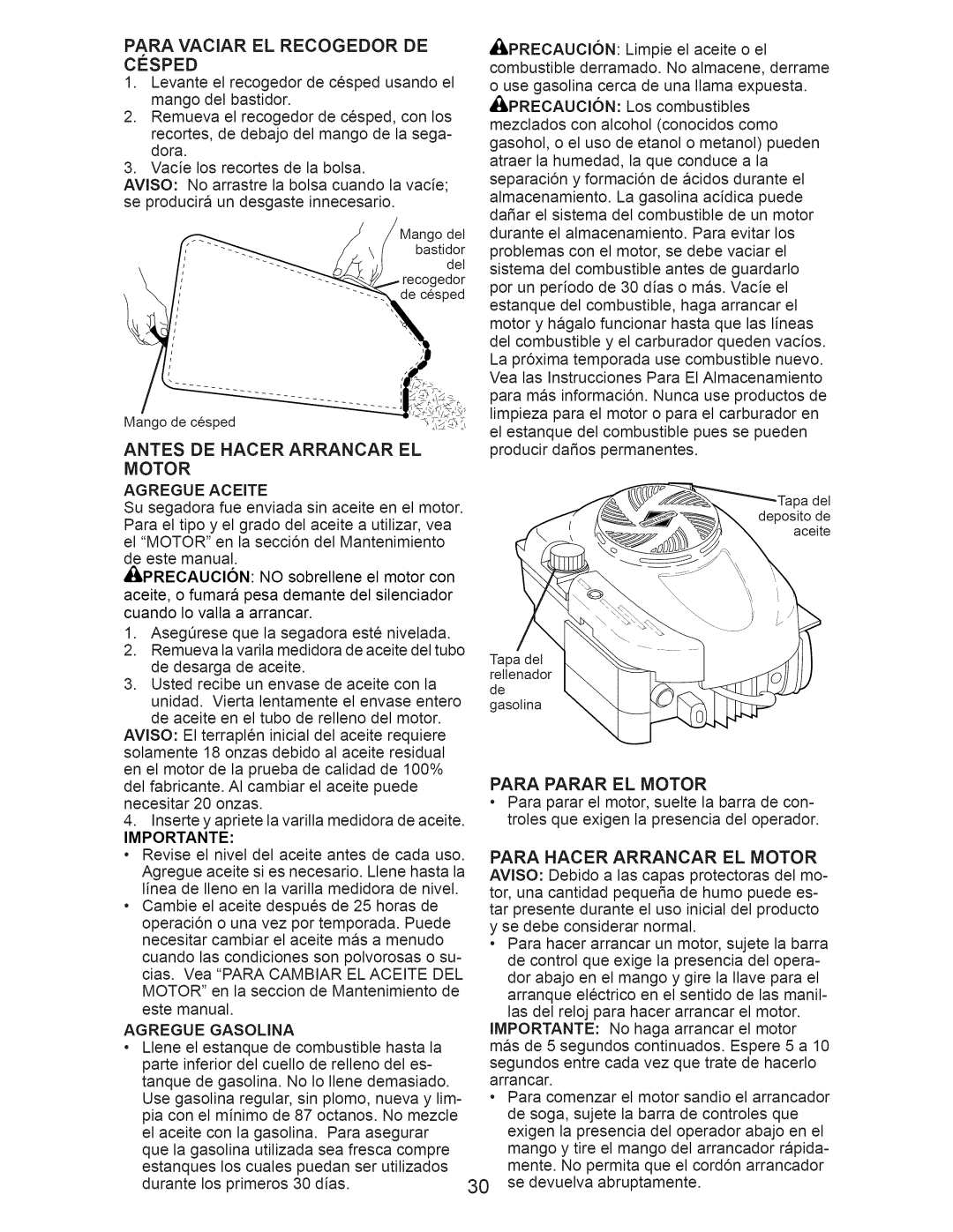 Craftsman 917.374061 owner manual Antes DE Hacer Arrancar EL Motor, Para Parar EL Motor, Importante 