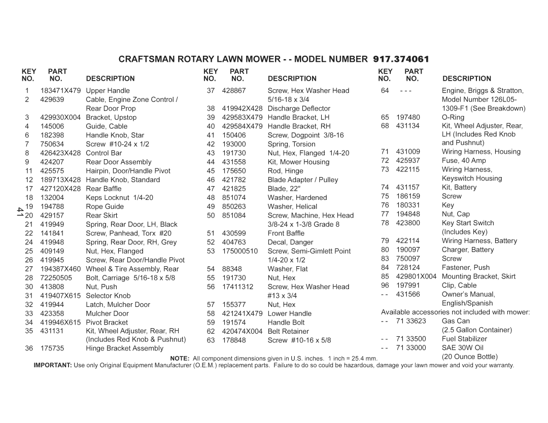 Craftsman 917.374061 owner manual NO. no, Key, Part Description, KEY Part NO. NO. Description 