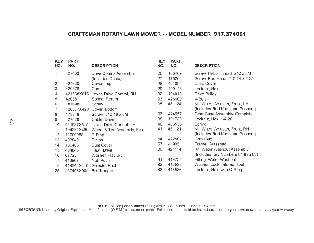 Craftsman 917.374061 owner manual Craftsman Rotary Lawn Mower - Model Number 917o37406t, KEY Part Description 