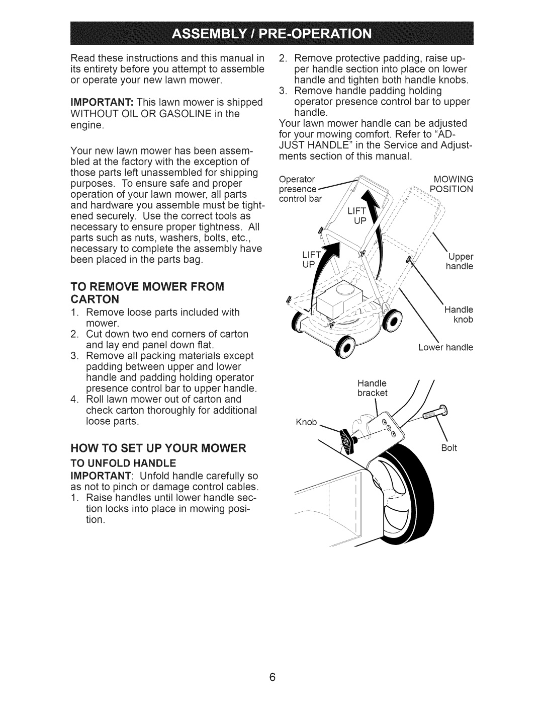 Craftsman 917.374061 owner manual To Remove Mower from Carton, To Unfold Handle, Mowing, Position 