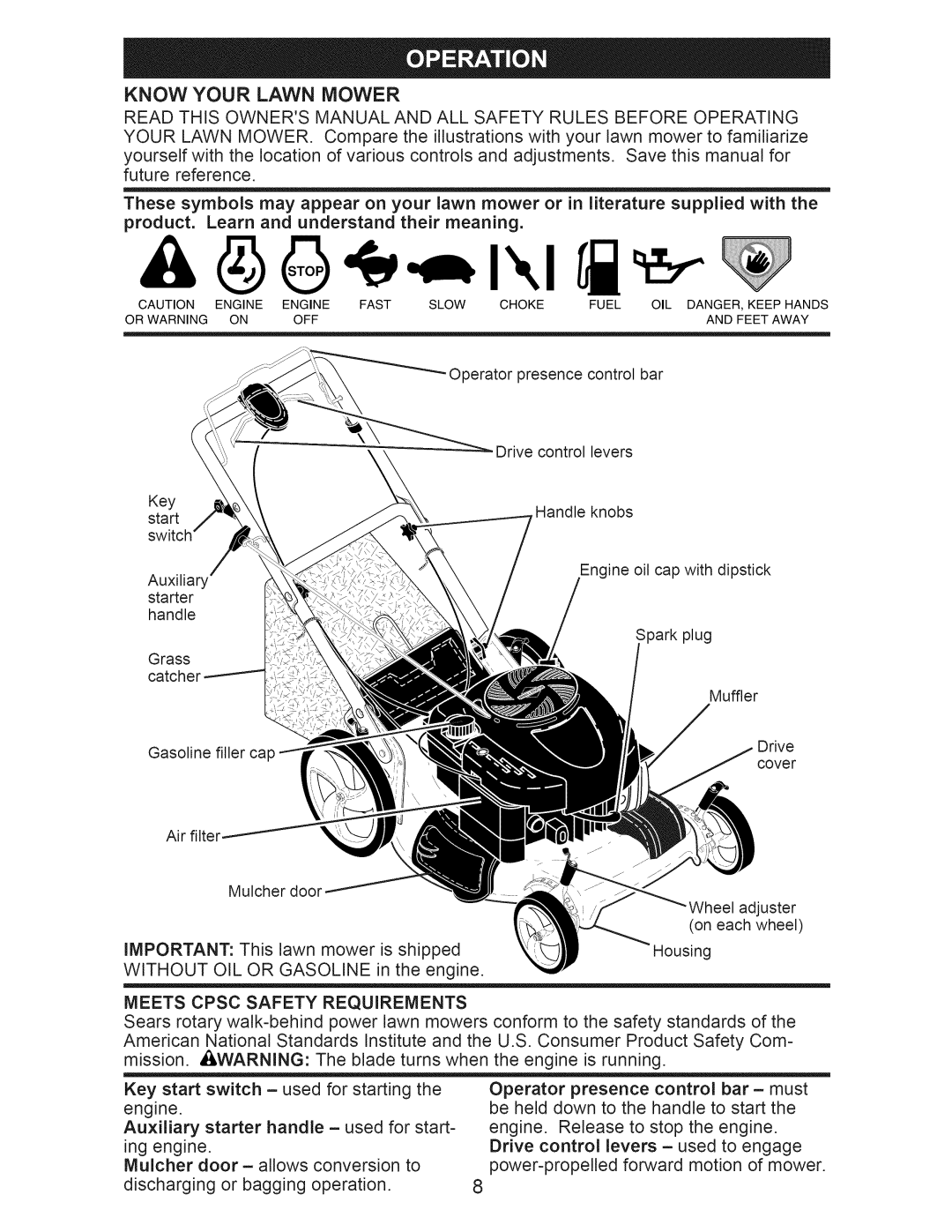 Craftsman 917.374061 owner manual Know Your Lawn Mower, Meets Cpsc Safety Requirements 