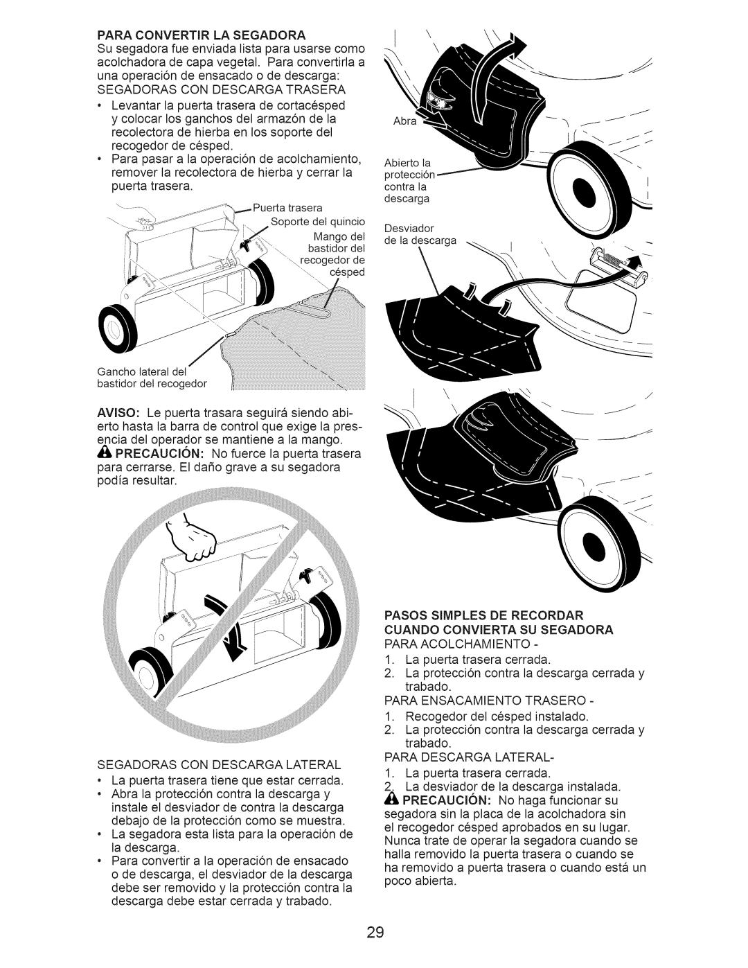 Craftsman 917.374062 manual Para Convertir LA Segadora, Segadoras CON Descarga Trasera, Segadoras CON Descarga Lateral 