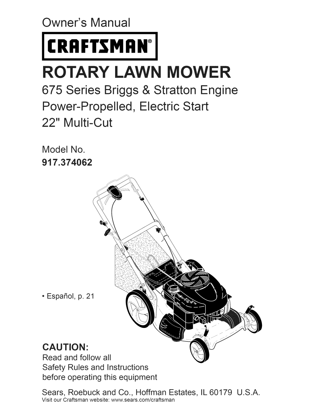 Craftsman 917.374062 manual Owners Manual, Series Briggs & Stratton Engine, Power-Propelled, Electric Start 22 Multi-Cut 
