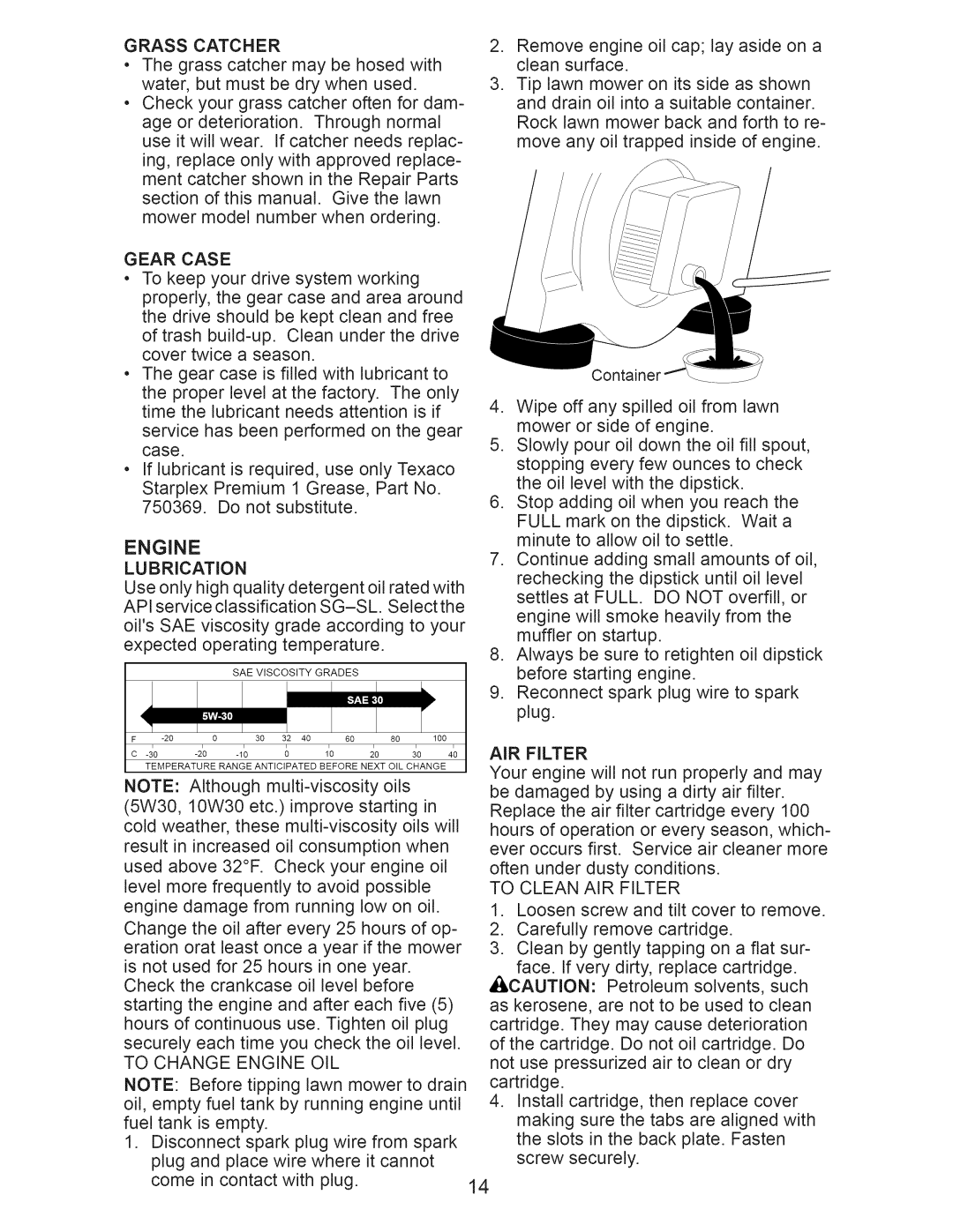 Craftsman 917.374090 manual Grass Catcher, Gear Case, Engine Lubrication, To Change Engine OIL, To Clean AIR Filter 