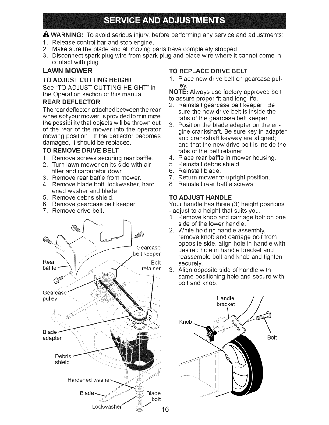 Craftsman 917.374090 manual Rear Deflector, To Remove Drive Belt, To Adjust Handle, To Replace Drive Belt 