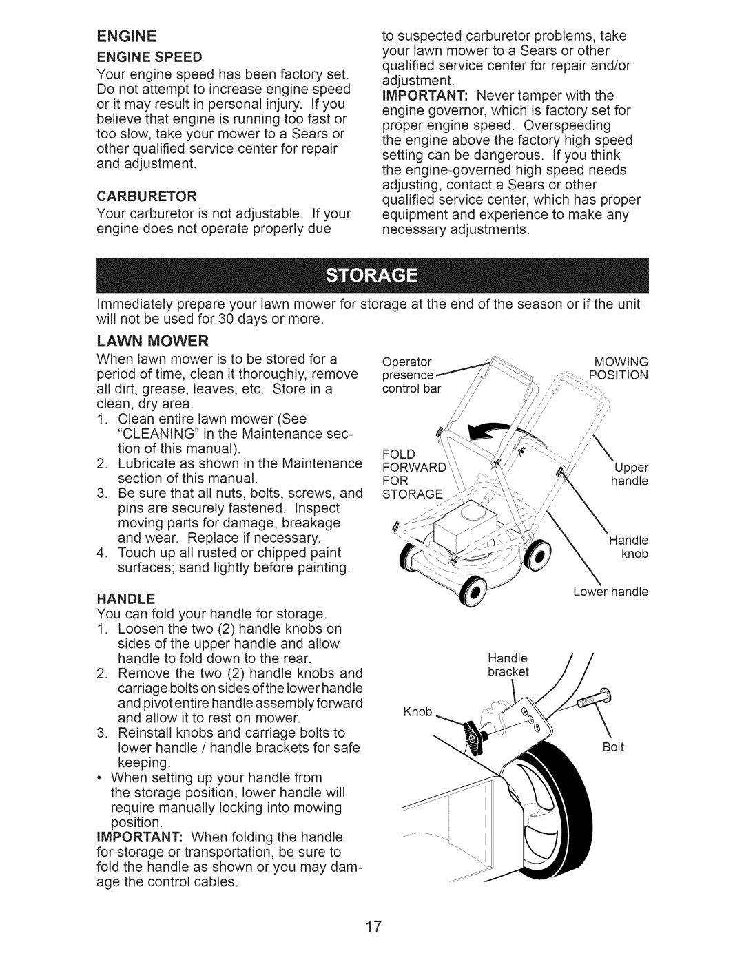 Craftsman 917.374090 manual Carburetor, Handle, Engine Speed, Fold Forward for Storage Mowing Position 